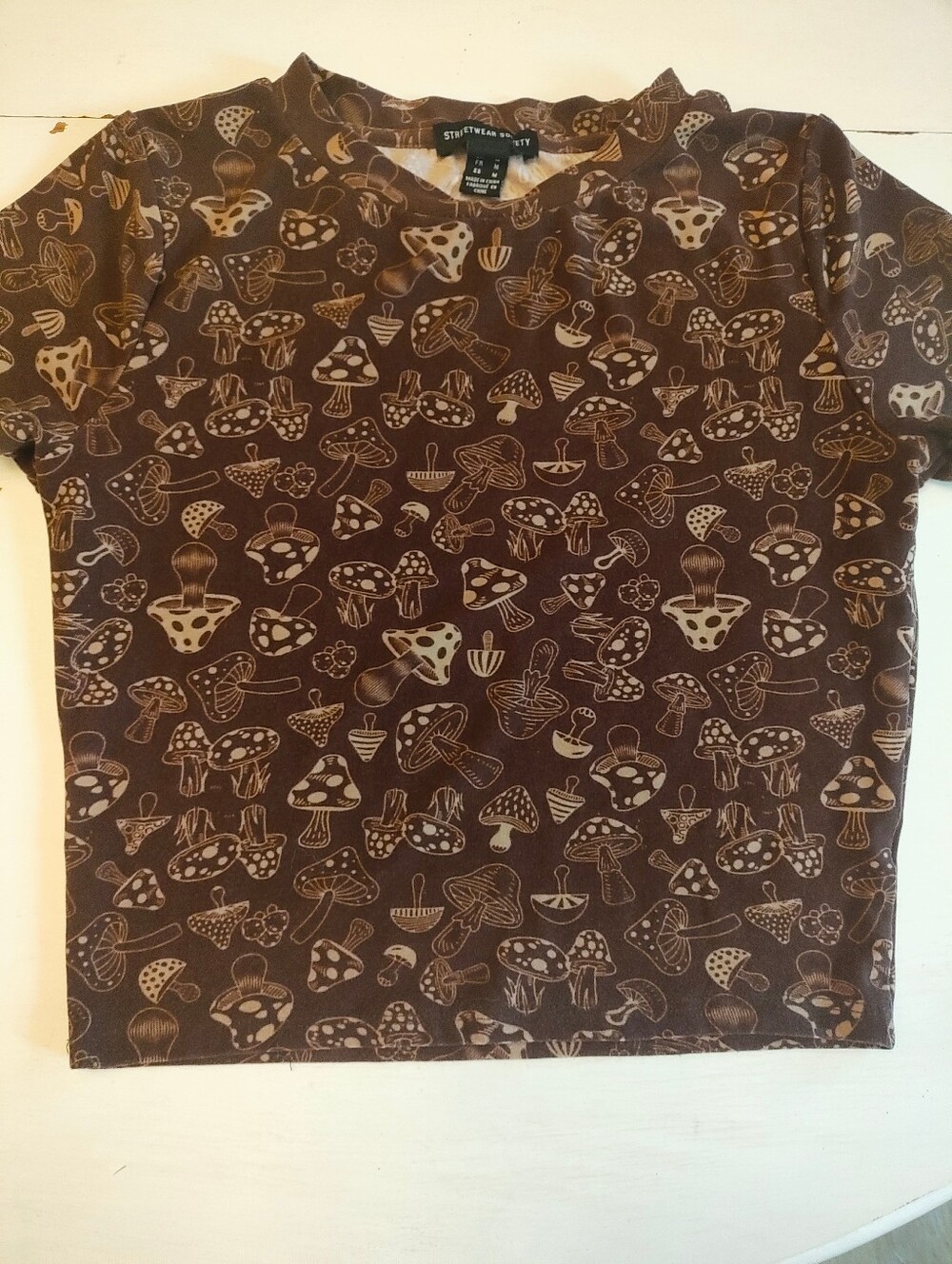 Streetwear Society Mushroom Print Baby Tee Brown Cottagecore Women's M